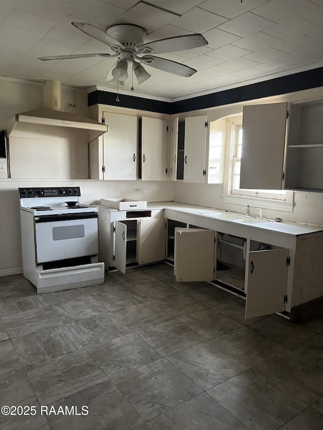 kitchen with white cabinets, light countertops, electric range, and ceiling fan