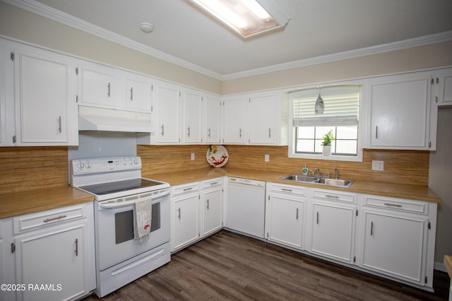 140 Saint Leo St, Opelousas, LA 70570 - kitchen featuring white cabinets, a sink, white appliances, under cabinet range hood, and crown molding
