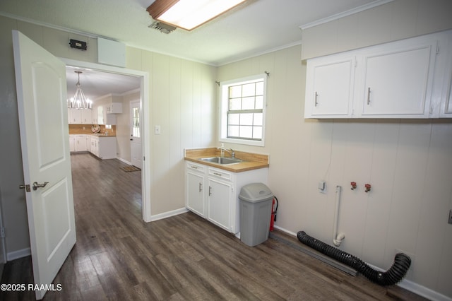 140 Saint Leo St, Opelousas, LA 70570 - clothes washing area featuring ornamental molding, visible vents, a sink, dark wood-style floors, and cabinet space
