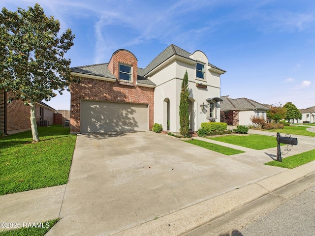 111 Croft Row, Lafayette, LA 70503 - french country style house with an attached garage, a front lawn, driveway, and cooling unit