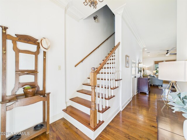 111 Croft Row, Lafayette, LA 70503 - stairway with wood-type flooring, ornamental molding, baseboards, ceiling fan, and recessed lighting