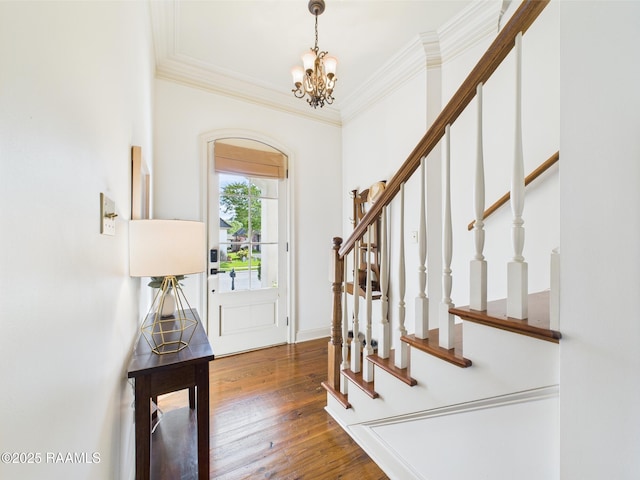 111 Croft Row, Lafayette, LA 70503 - entryway with ornamental molding, a chandelier, stairway, and hardwood / wood-style floors