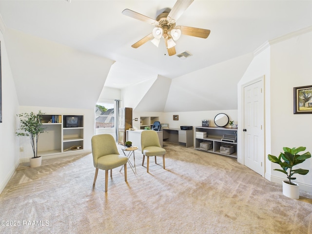 111 Croft Row, Lafayette, LA 70503 - living area featuring a ceiling fan, visible vents, vaulted ceiling, baseboards, and carpet