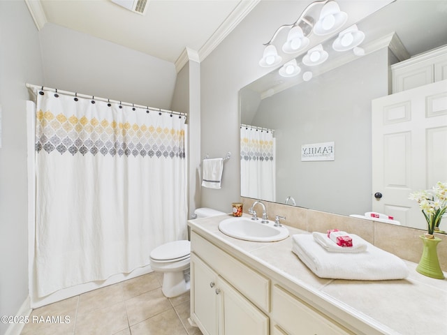 111 Croft Row, Lafayette, LA 70503 - full bathroom with crown molding, vanity, curtained shower, toilet, and tile patterned floors