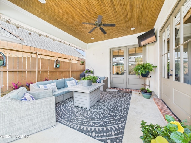 111 Croft Row, Lafayette, LA 70503 - view of patio featuring french doors, fence, ceiling fan, and an outdoor living space