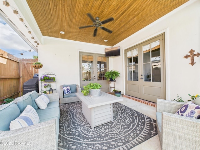 111 Croft Row, Lafayette, LA 70503 - view of patio / terrace with fence, ceiling fan, an outdoor living space, and french doors