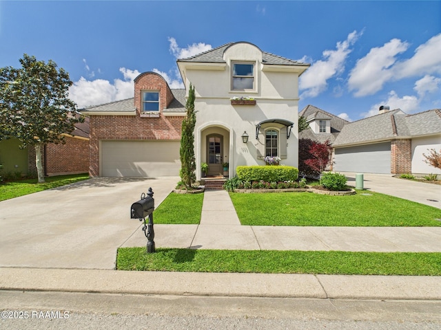 111 Croft Row, Lafayette, LA 70503 - french country inspired facade with a garage, stucco siding, a front yard, and concrete driveway