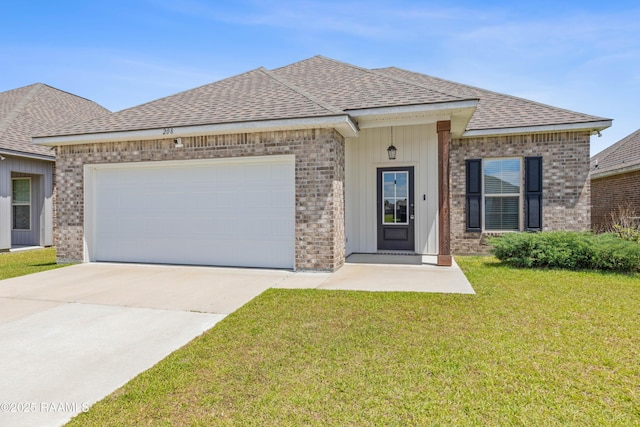 ranch-style house featuring concrete driveway, board and batten siding, a front lawn, a garage, and a shingled roof