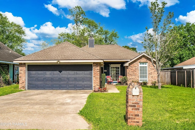 ranch-style home featuring driveway, an attached garage, fence, a front yard, and brick siding