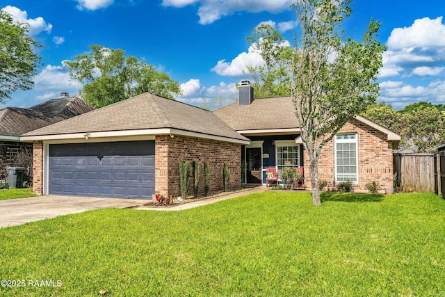 ranch-style house with a chimney, fence, concrete driveway, an attached garage, and a front yard