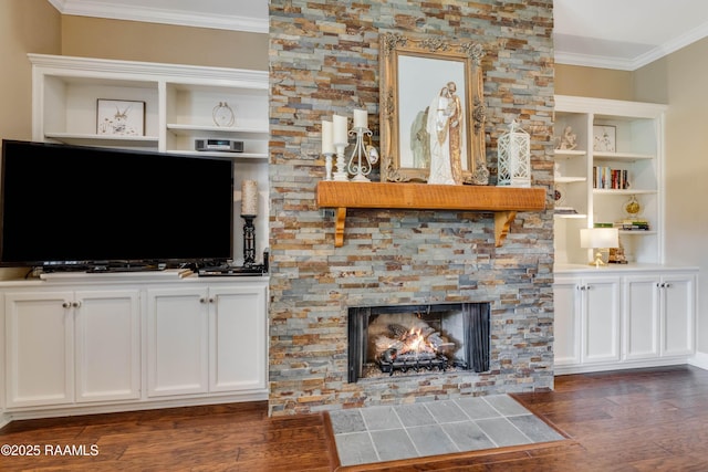 202 N Anita St, Lafayette, LA 70501 - living area featuring a stone fireplace, ornamental molding, built in features, and wood finished floors