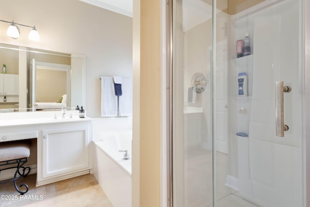 202 N Anita St, Lafayette, LA 70501 - full bathroom with tile patterned floors, vanity, crown molding, a garden tub, and a stall shower