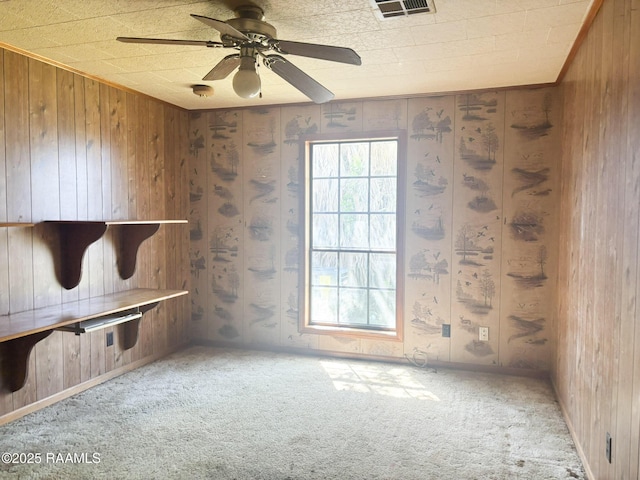 empty room featuring wood walls, plenty of natural light, and carpet