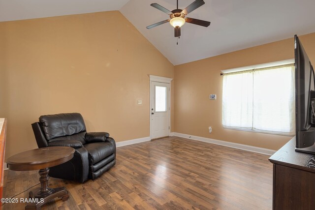 111 Bottle Brush Ln, Carencro, LA 70520 - sitting room featuring baseboards, a ceiling fan, high vaulted ceiling, and wood finished floors