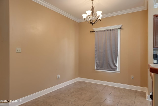 111 Bottle Brush Ln, Carencro, LA 70520 - unfurnished dining area featuring baseboards, a notable chandelier, ornamental molding, and light tile patterned floors