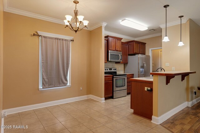 111 Bottle Brush Ln, Carencro, LA 70520 - kitchen with appliances with stainless steel finishes, a sink, a breakfast bar area, visible vents, and ornamental molding