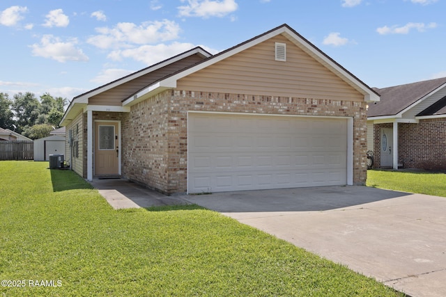 111 Bottle Brush Ln, Carencro, LA 70520 - ranch-style house featuring concrete driveway, brick siding, central AC unit, and a front lawn