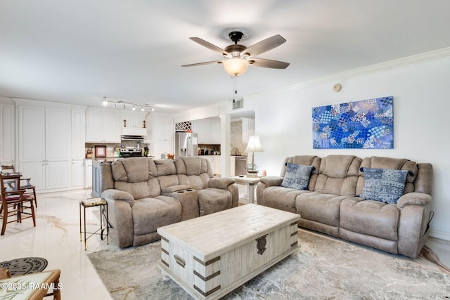 112 Hillside Dr Unit 3, Lafayette, LA 70503 - living area with ornamental molding, ceiling fan, rail lighting, and visible vents
