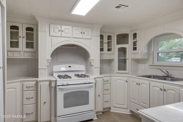 1013 Young St, Broussard, LA 70518 - kitchen with a sink, decorative backsplash, glass insert cabinets, visible vents, and gas range gas stove