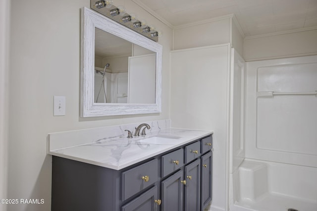 1013 Young St, Broussard, LA 70518 - bathroom featuring ornamental molding, walk in shower, and vanity