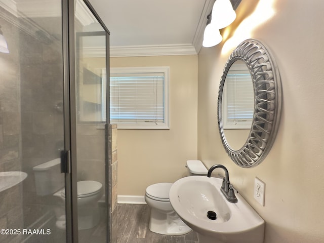 820 Genevieve Dr, Lafayette, LA 70503 - bathroom featuring crown molding, a sink, baseboards, toilet, and wood finished floors