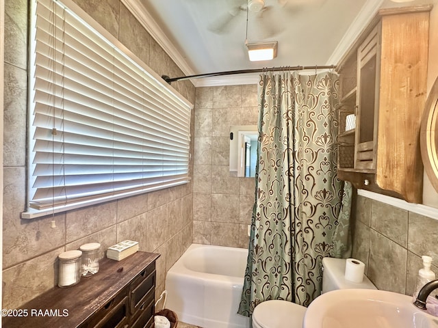 820 Genevieve Dr, Lafayette, LA 70503 - full bath with tile walls, a sink, shower / bath combo, toilet, and ornamental molding