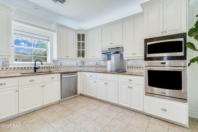 kitchen featuring decorative backsplash, stone countertops, under cabinet range hood, a sink, and stainless steel appliances
