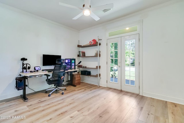 home office featuring ceiling fan, visible vents, ornamental molding, and wood finished floors