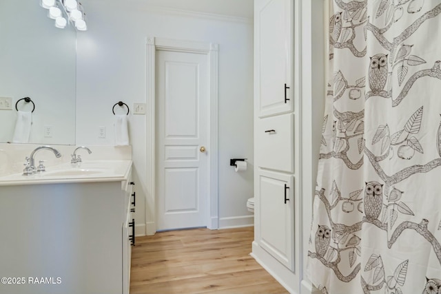 bathroom with vanity, baseboards, crown molding, and wood finished floors