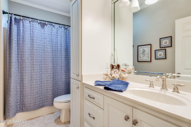 bathroom with shower / bath combo, crown molding, vanity, toilet, and tile patterned flooring