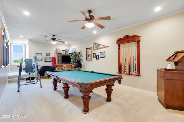 rec room featuring carpet flooring, baseboards, recessed lighting, a ceiling fan, and pool table