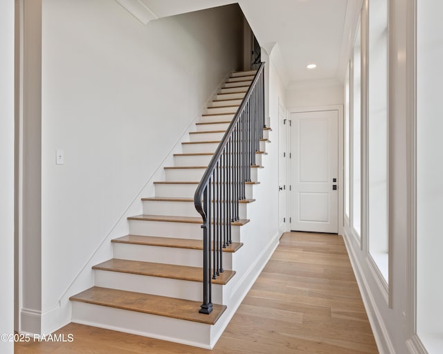 301 Greyford Dr, Lafayette, LA 70503 - stairs with baseboards, wood finished floors, and recessed lighting