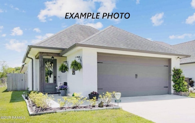 view of front of property featuring a garage, a front lawn, roof with shingles, stucco siding, and driveway