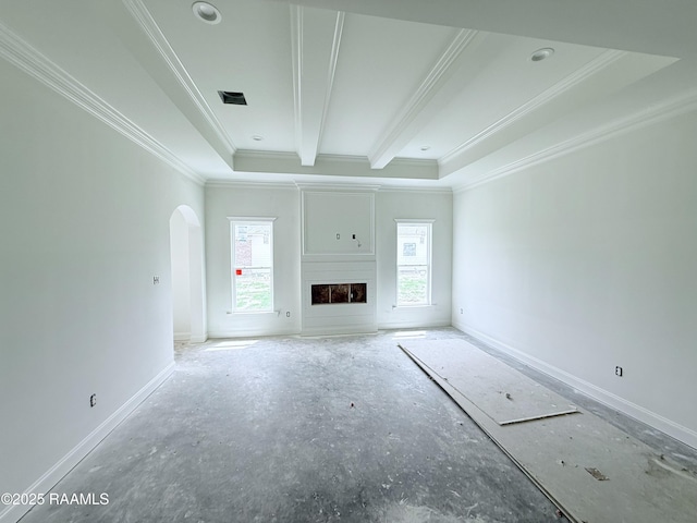 unfurnished living room featuring crown molding, visible vents, a fireplace, baseboards, and arched walkways