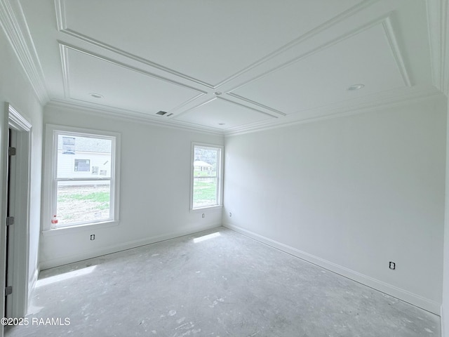 empty room with baseboards, ornamental molding, coffered ceiling, and visible vents