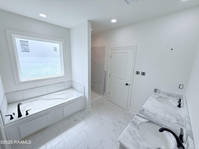 214 Berchman Oaks Dr, Lafayette, LA 70506 - full bath with marble finish floors, double vanity, a garden tub, recessed lighting, and a shower