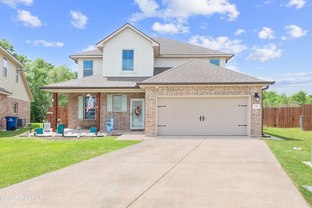 traditional-style house featuring fence, a shingled roof, cooling unit, an attached garage, and driveway