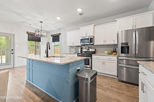 kitchen featuring stainless steel appliances, visible vents, a sink, light wood-type flooring, and white cabinetry