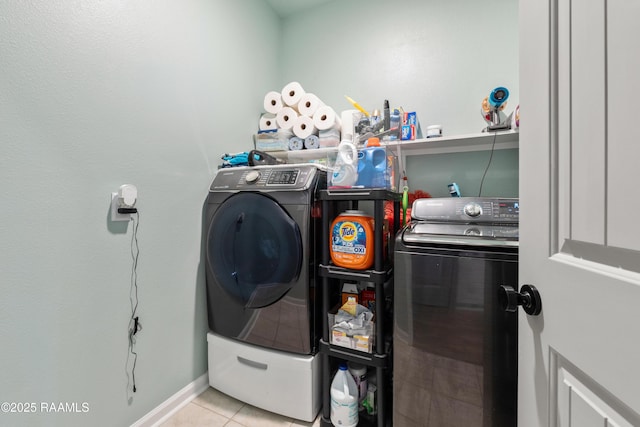 laundry area featuring tile patterned flooring, baseboards, washer and clothes dryer, and laundry area