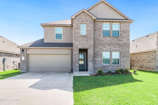 view of front of property with board and batten siding, brick siding, a front yard, and concrete driveway