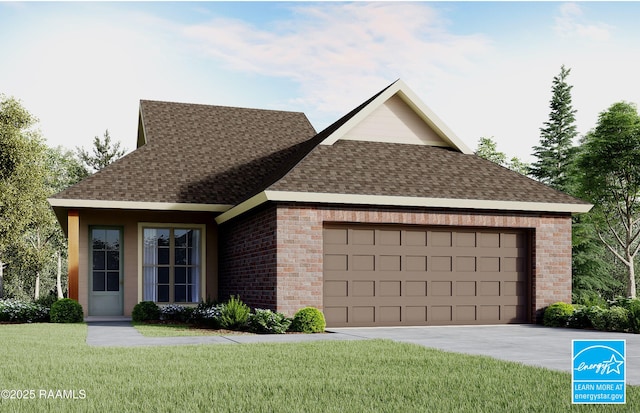 305 Bennington Ln, Youngsville, LA 70592 - view of front facade featuring a shingled roof, a garage, a front yard, driveway, and brick siding