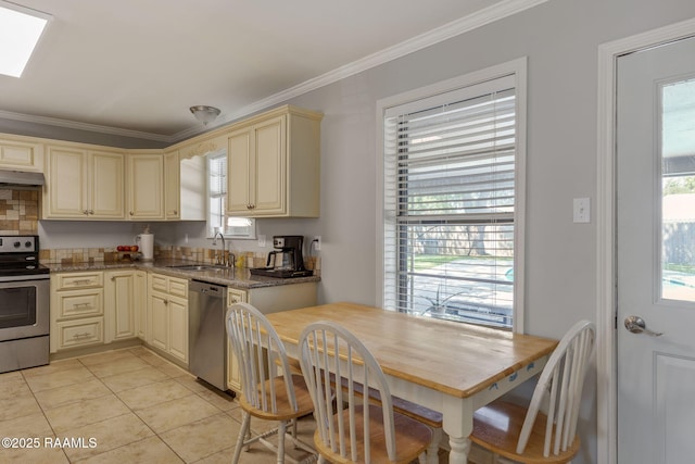 kitchen featuring crown molding, plenty of natural light, cream cabinets, a sink, and appliances with stainless steel finishes