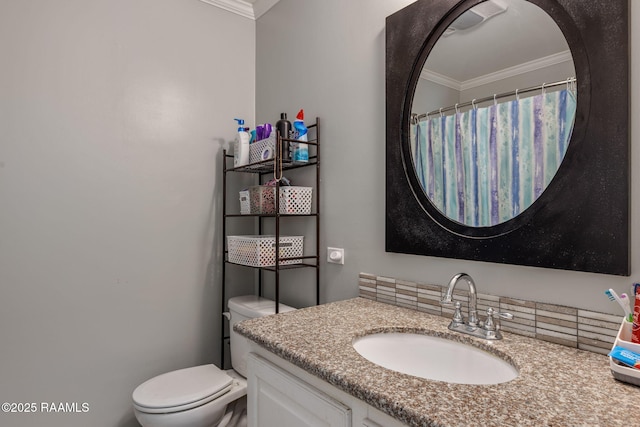 full bathroom with crown molding, toilet, and vanity