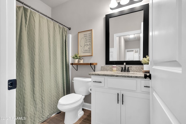 113 Spider Lily Ln, Lafayette, LA 70508 - full bath with toilet, baseboards, wood finished floors, curtained shower, and vanity