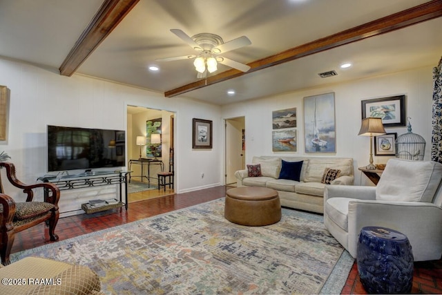 304 Broadmoor Blvd, Lafayette, LA 70503 - living room with baseboards, visible vents, recessed lighting, beamed ceiling, and ceiling fan
