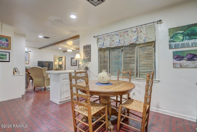 304 Broadmoor Blvd, Lafayette, LA 70503 - dining room with baseboards, visible vents, recessed lighting, ceiling fan, and brick floor