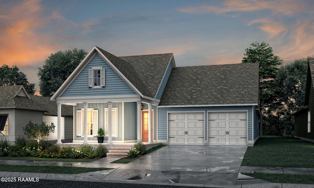 102 Manor House Ln, Lafayette, LA 70507 - view of front facade featuring driveway, a garage, a shingled roof, and covered porch