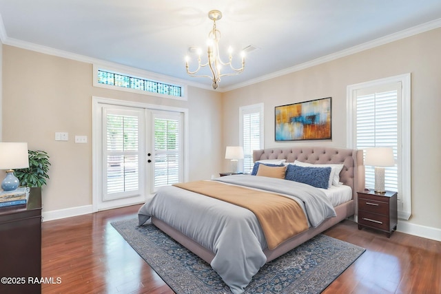 bedroom featuring an inviting chandelier, ornamental molding, access to outside, and dark wood-style flooring