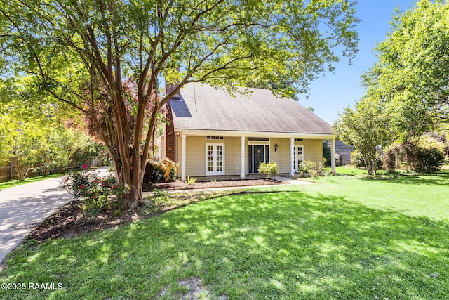 view of front facade with french doors, a front lawn, and roof with shingles