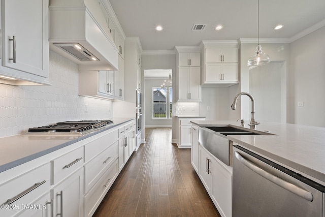 104 Manor House Ln, Lafayette, LA 70507 - kitchen featuring visible vents, a sink, appliances with stainless steel finishes, custom exhaust hood, and white cabinetry